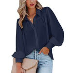 Women Button Up Top Lantern Sleeve Pleated Solid Color Stand Collar Loose Long Sleeve Shirt