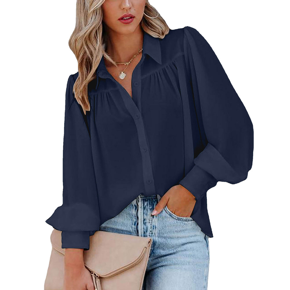 Women Button Up Top Lantern Sleeve Pleated Solid Color Stand Collar Loose Long Sleeve Shirt