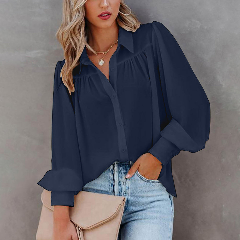 Women Button Up Top Lantern Sleeve Pleated Solid Color Stand Collar Loose Long Sleeve Shirt