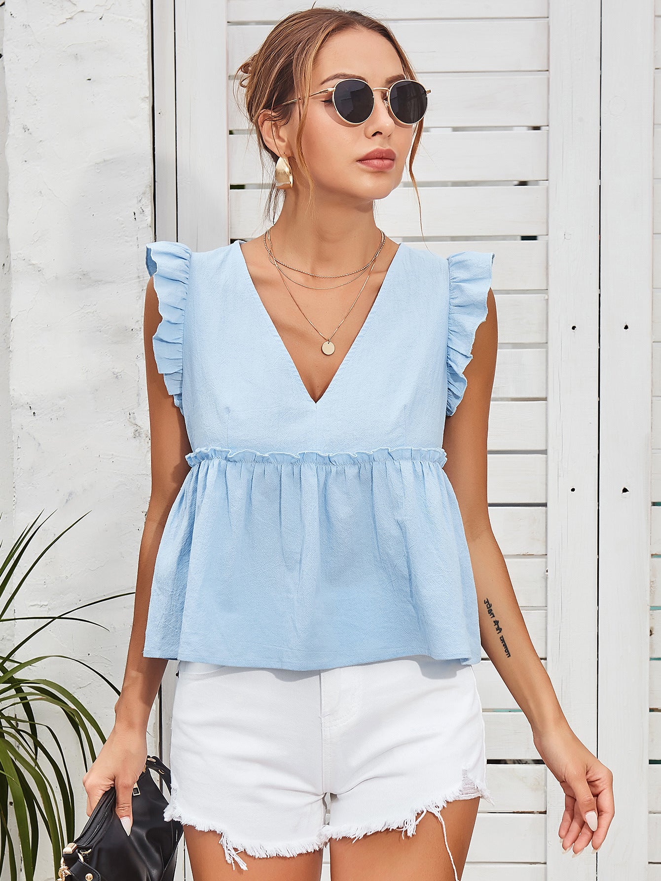 YESFASHION Lace Splicing Receive Waist V-neck Sleeveless Shirt Tops