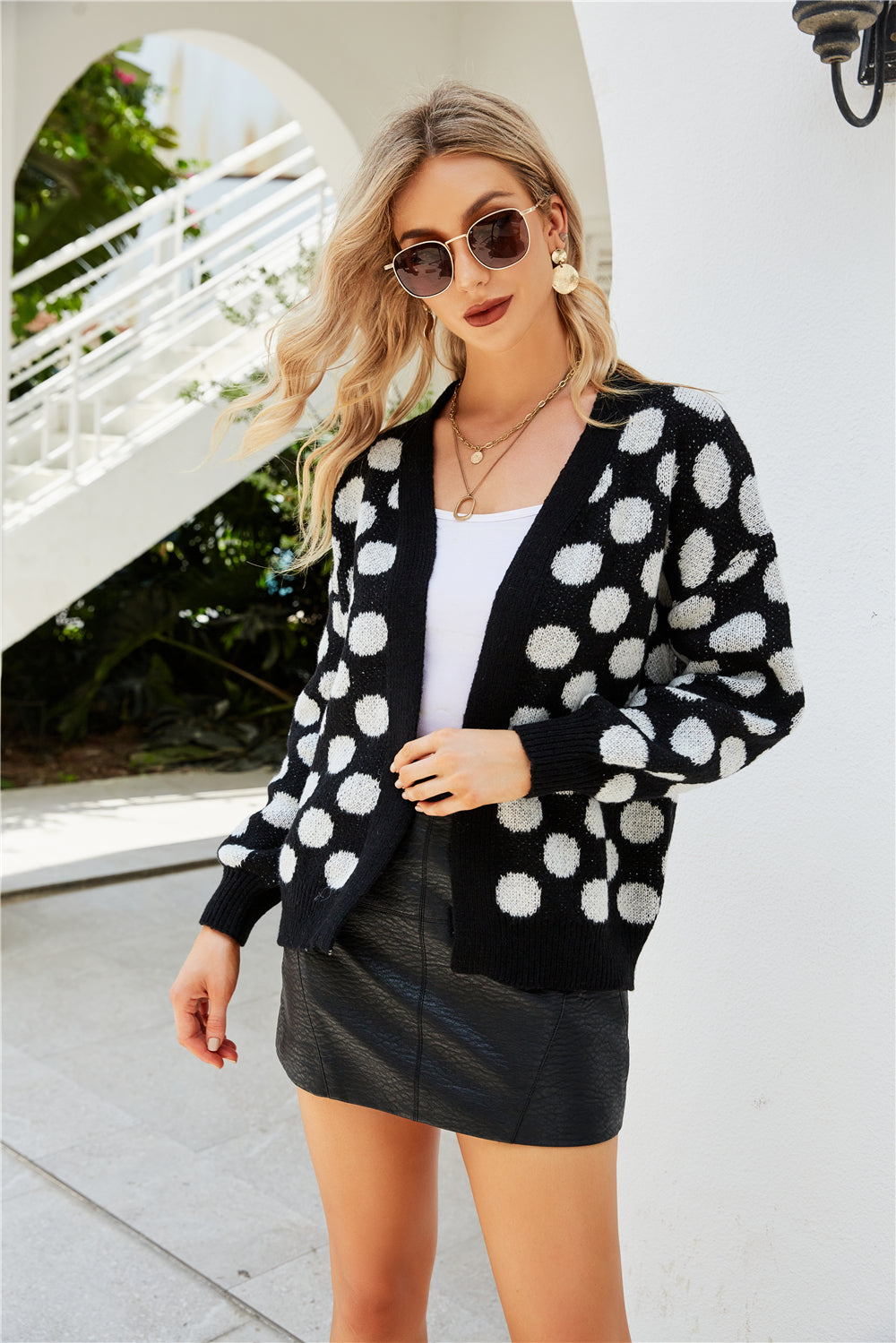YESFASHION Women Clothing Dot Large Size Knit Cardigan Jacket Coats