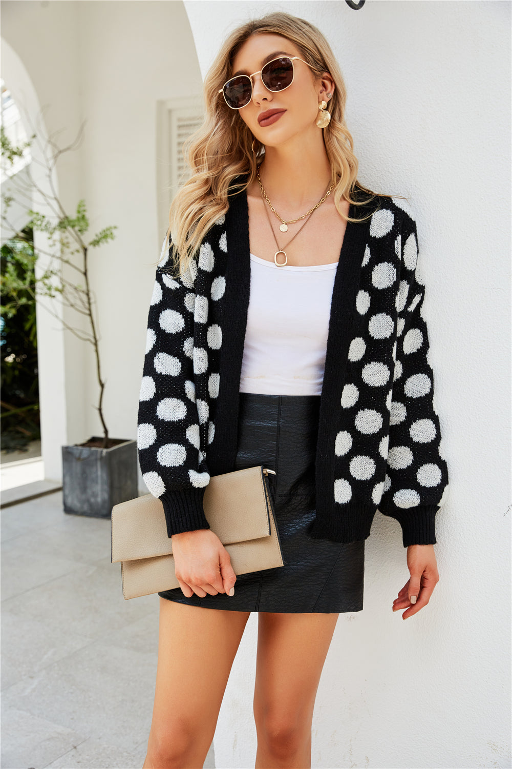 YESFASHION Women Clothing Dot Large Size Knit Cardigan Jacket Coats