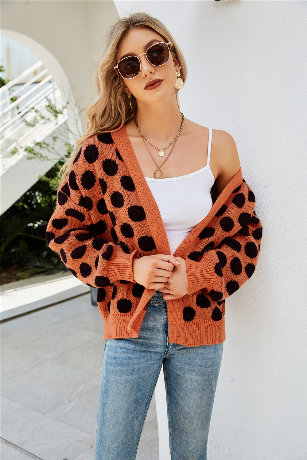 YESFASHION Women Clothing Dot Large Size Knit Cardigan Jacket Coats