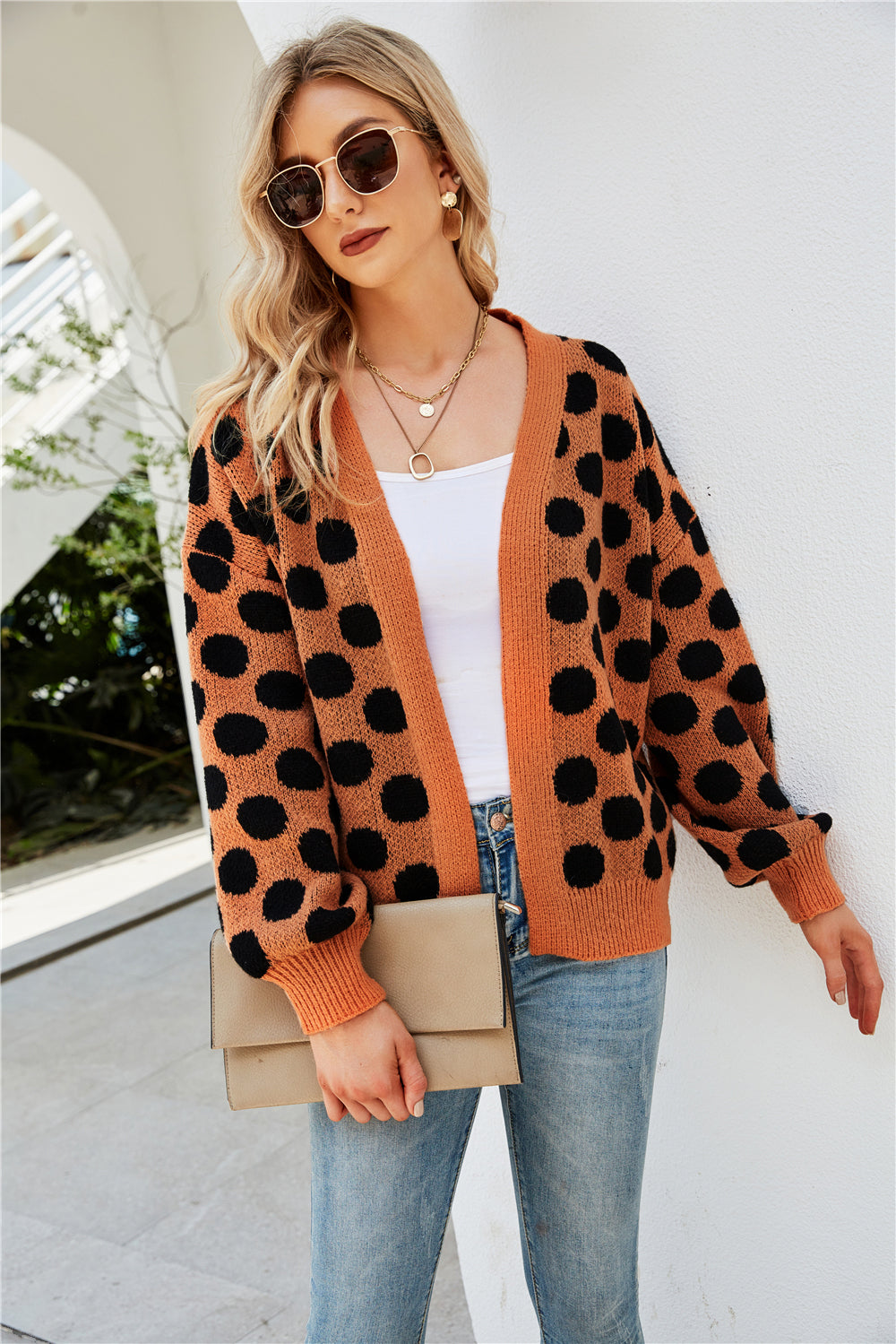 YESFASHION Women Clothing Dot Large Size Knit Cardigan Jacket Coats