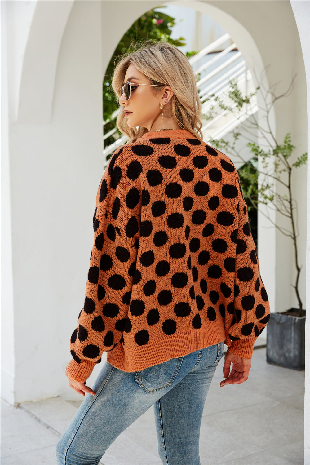 YESFASHION Women Clothing Dot Large Size Knit Cardigan Jacket Coats