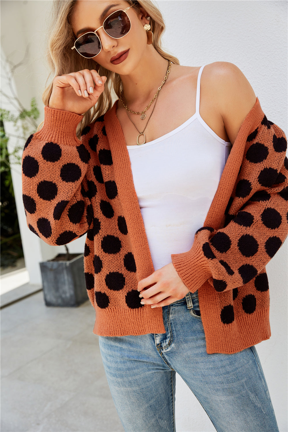 YESFASHION Women Clothing Dot Large Size Knit Cardigan Jacket Coats