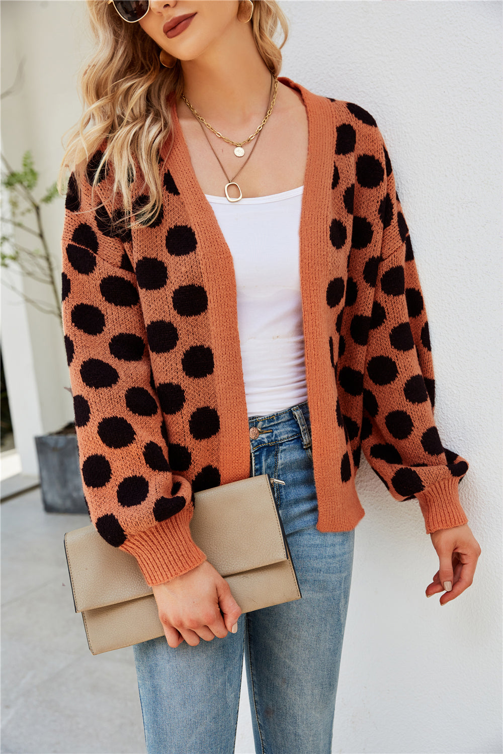 YESFASHION Women Clothing Dot Large Size Knit Cardigan Jacket Coats