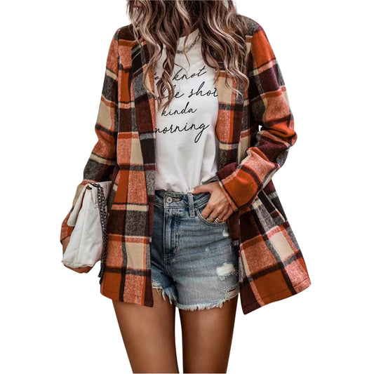 YESFASHION Women's Loose Plaid Print Long-sleeved Pocket Woolen Tops