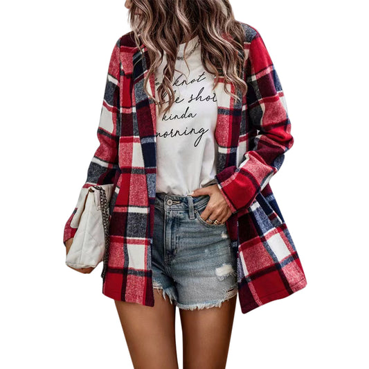 YESFASHION Women's Loose Plaid Print Long-sleeved Pocket Woolen Tops