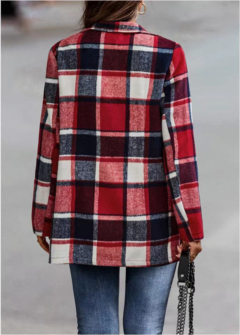 YESFASHION Women's Loose Plaid Print Long-sleeved Pocket Woolen Tops