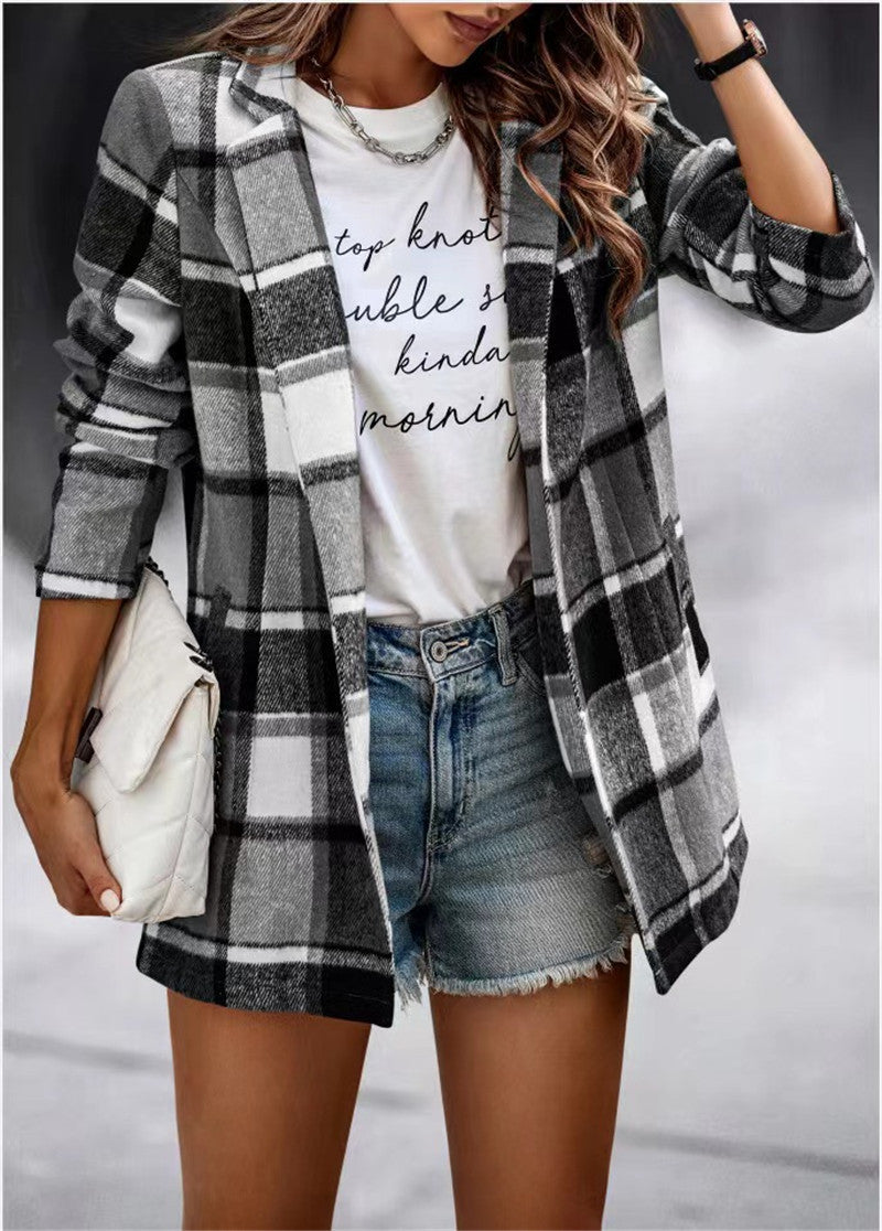 YESFASHION Women's Loose Plaid Print Long-sleeved Pocket Woolen Tops