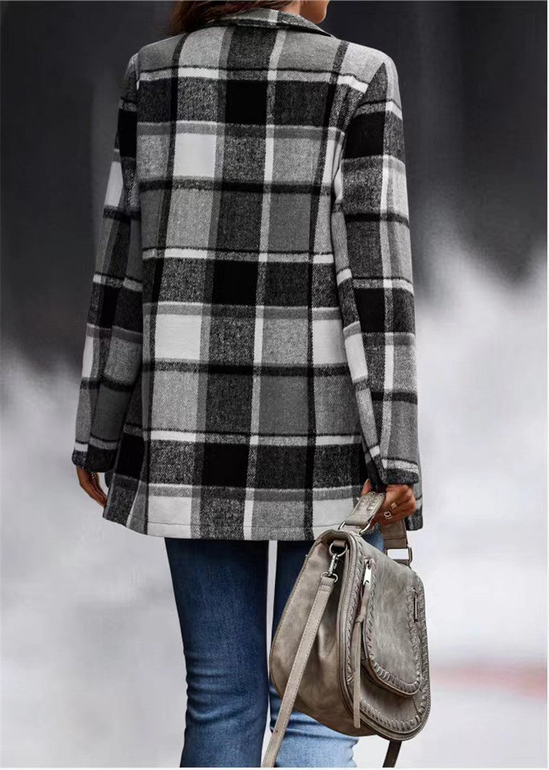 YESFASHION Women's Loose Plaid Print Long-sleeved Pocket Woolen Tops