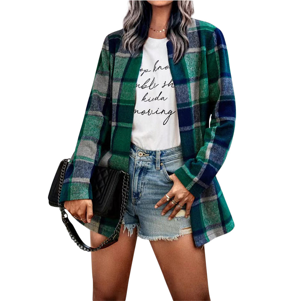 YESFASHION Women's Loose Plaid Print Long-sleeved Pocket Woolen Tops