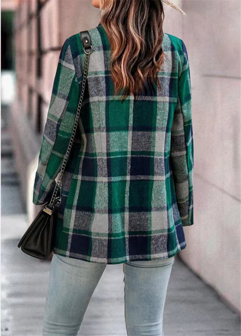 YESFASHION Women's Loose Plaid Print Long-sleeved Pocket Woolen Tops