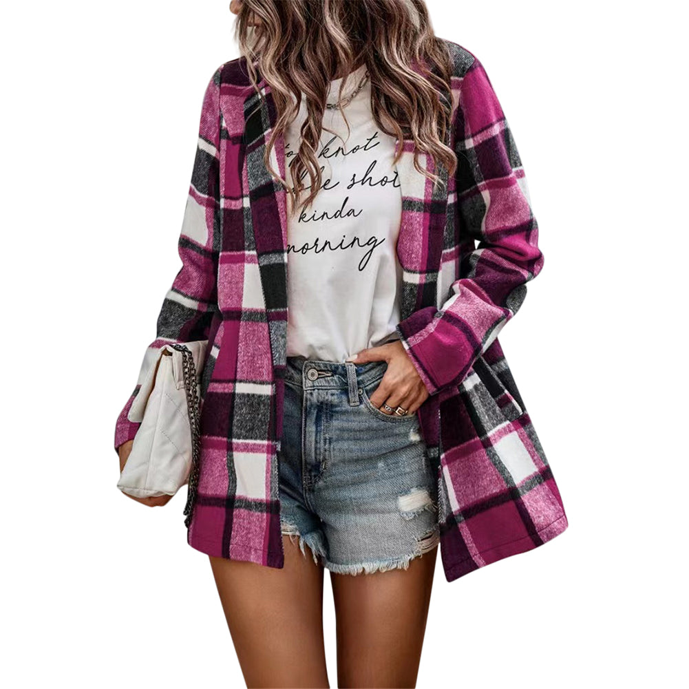 YESFASHION Women's Loose Plaid Print Long-sleeved Pocket Woolen Tops