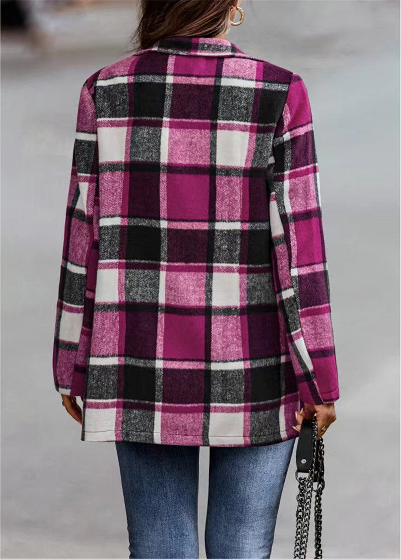 YESFASHION Women's Loose Plaid Print Long-sleeved Pocket Woolen Tops