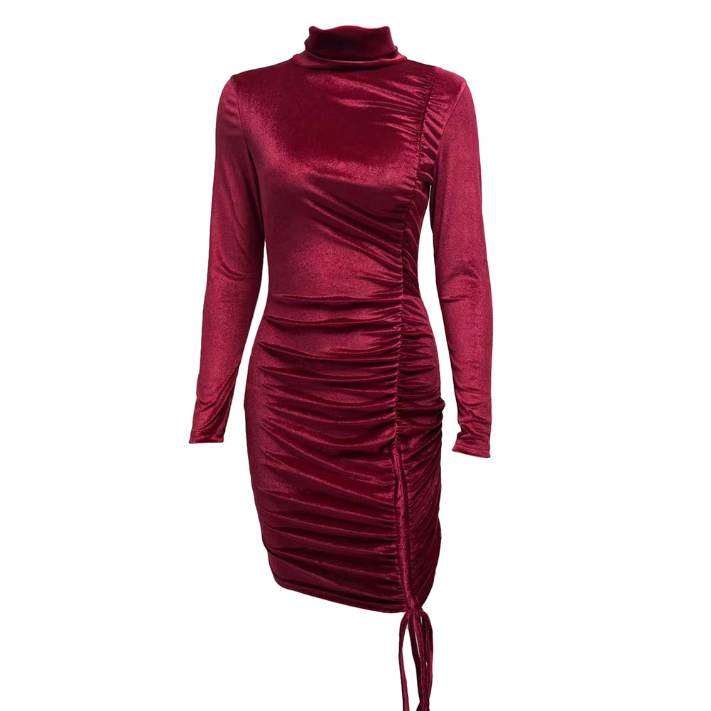 YESFASHION Suede Drawstring Turtleneck Dress Women Skirt