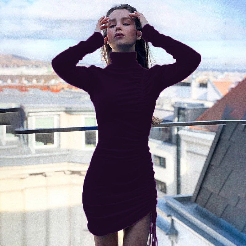 YESFASHION Suede Drawstring Turtleneck Dress Women Skirt