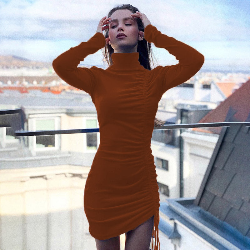 YESFASHION Suede Drawstring Turtleneck Dress Women Skirt