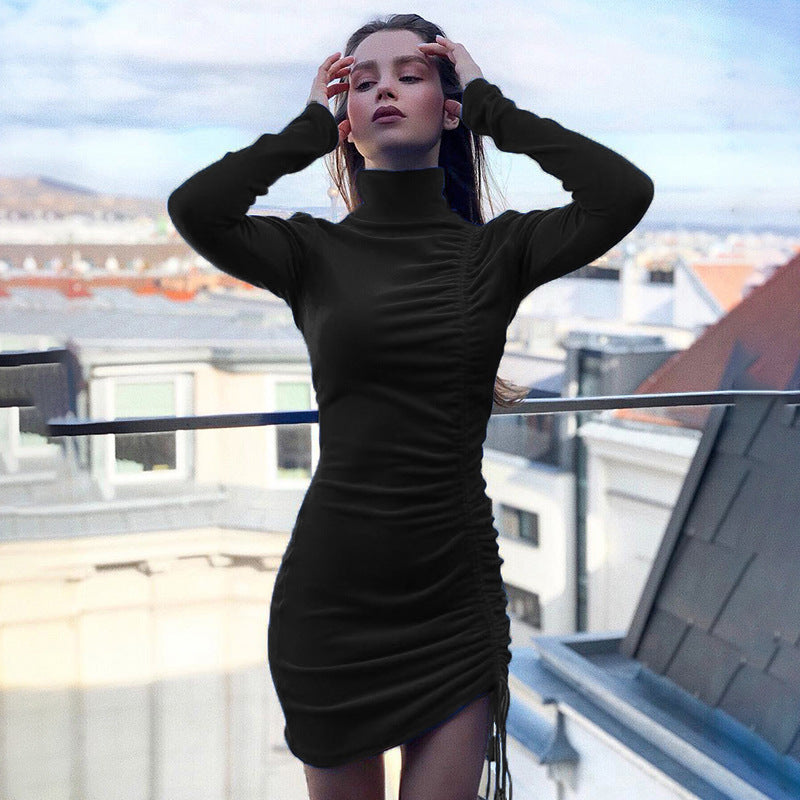 YESFASHION Suede Drawstring Turtleneck Dress Women Skirt
