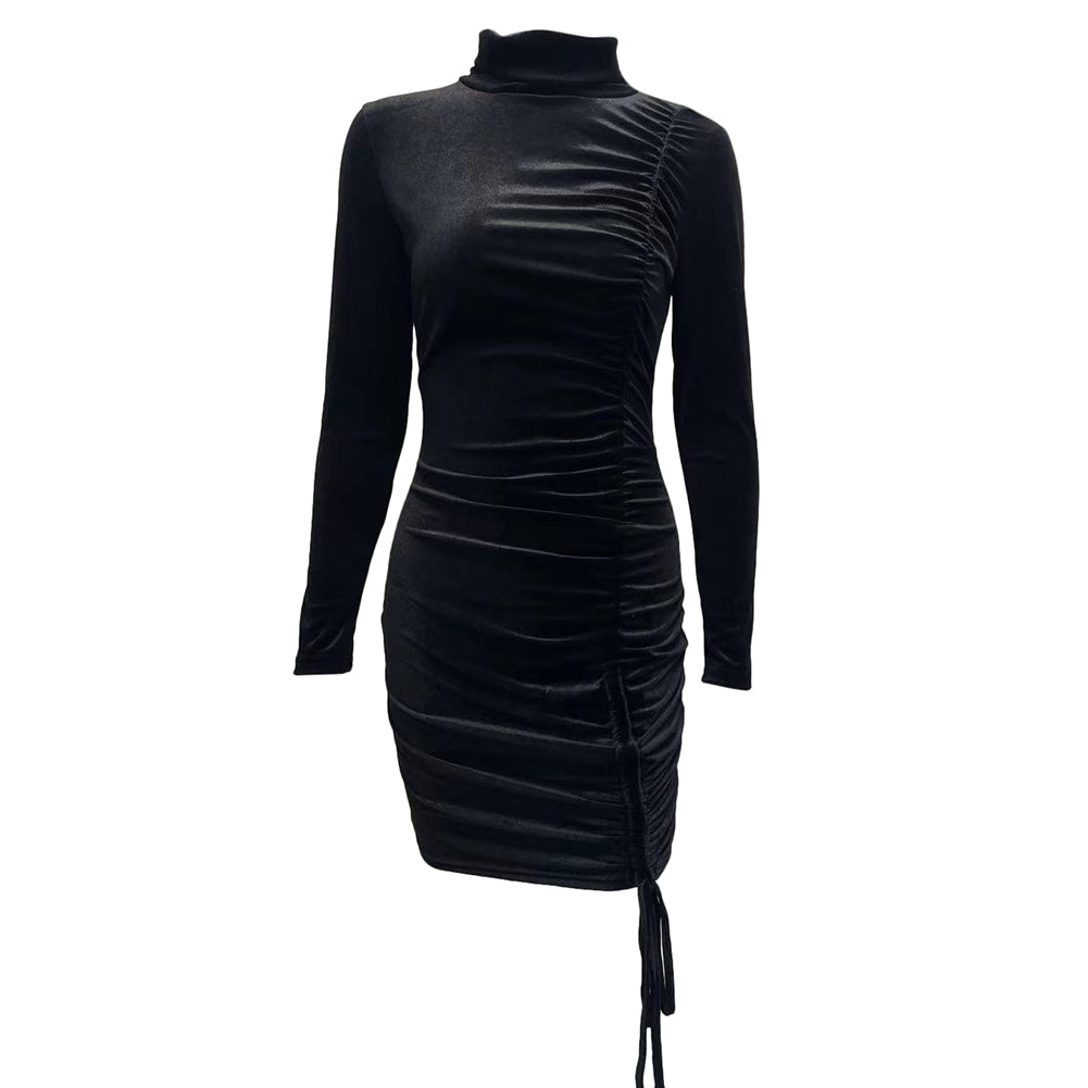 YESFASHION Suede Drawstring Turtleneck Dress Women Skirt