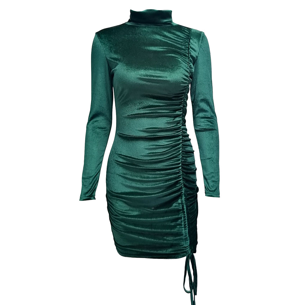 YESFASHION Suede Drawstring Turtleneck Dress Women Skirt