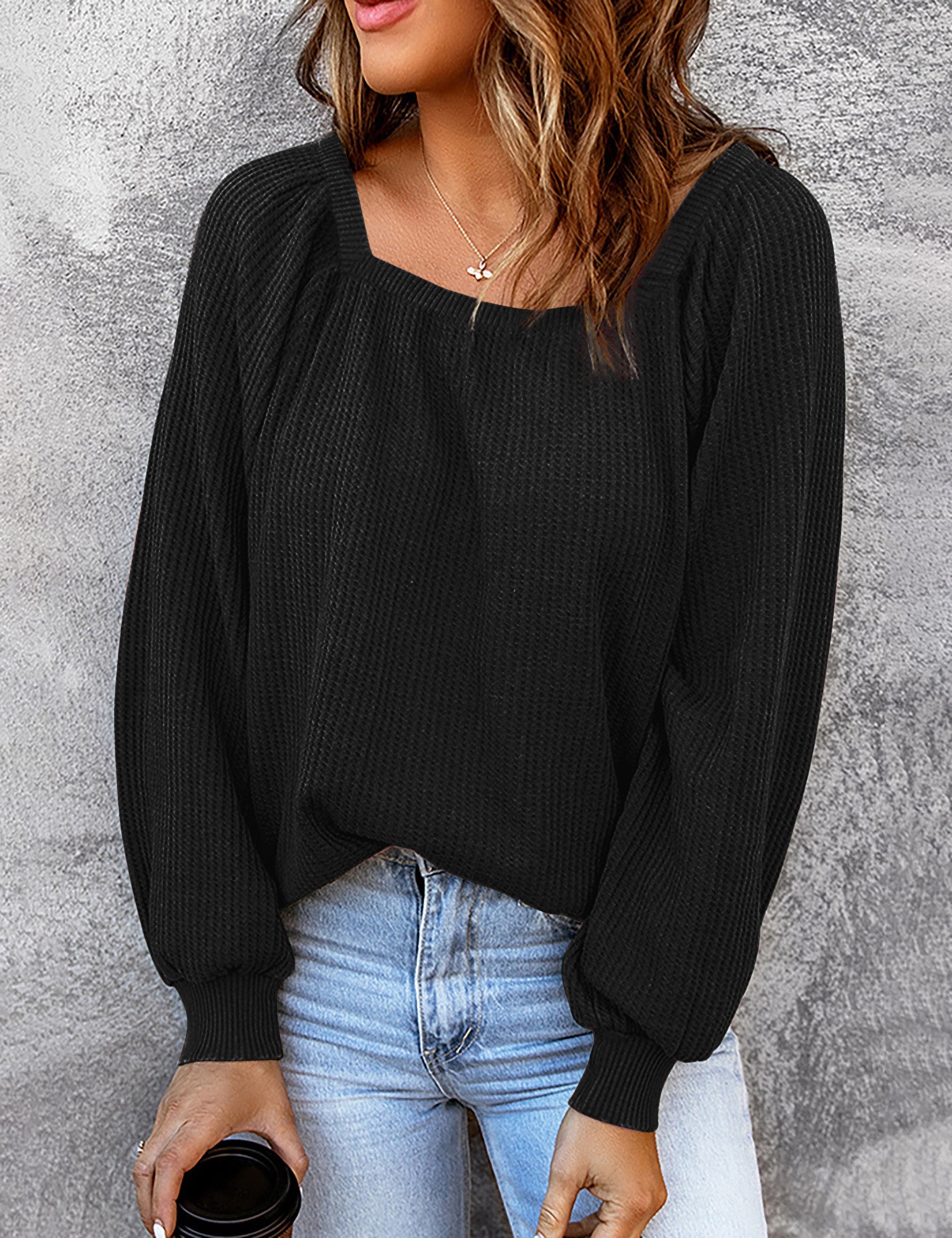 YESFASHION Square Neck Loose Casual Knitted Sweater Tops