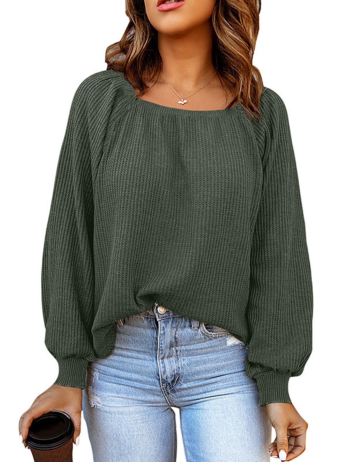 YESFASHION Square Neck Loose Casual Knitted Sweater Tops