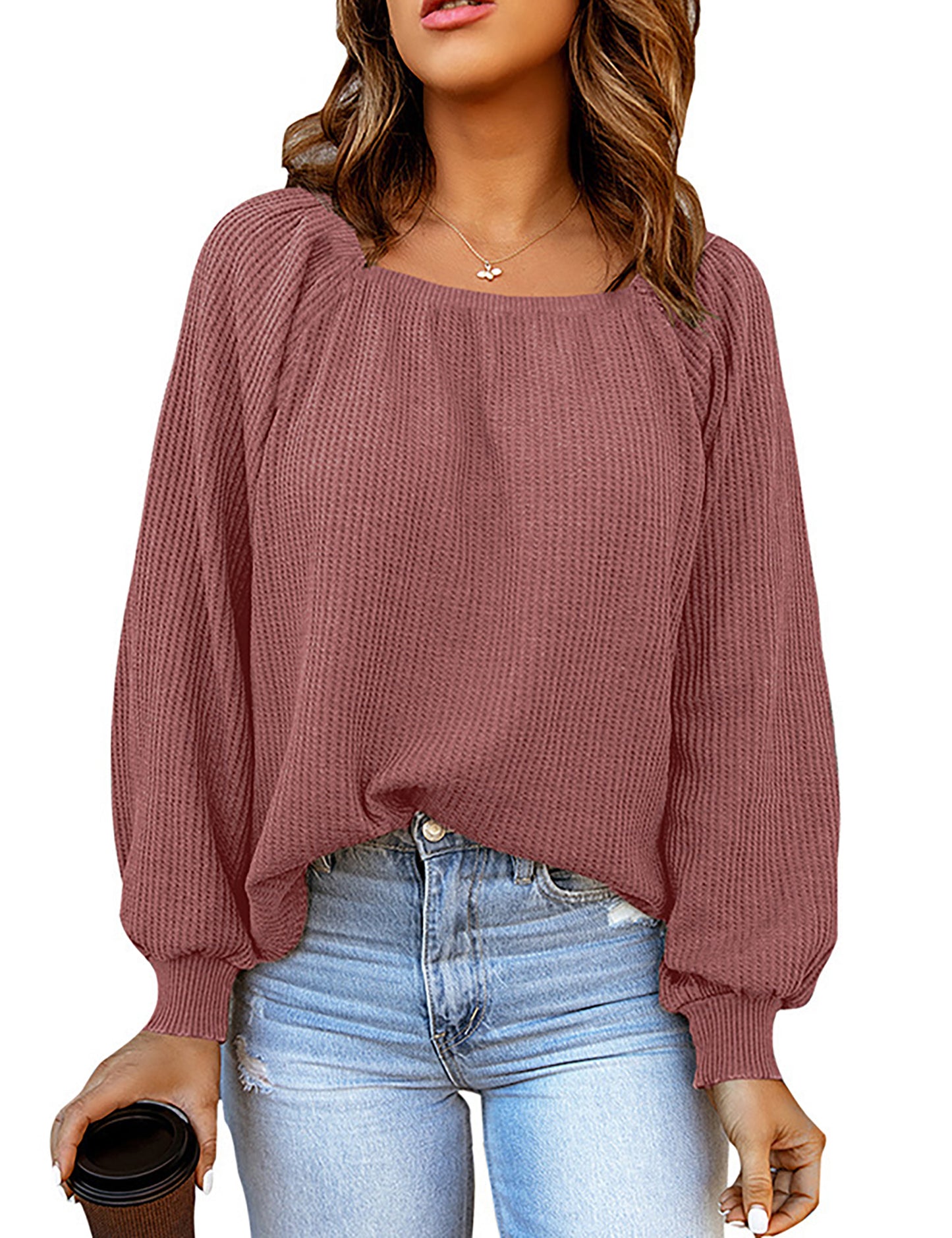 YESFASHION Square Neck Loose Casual Knitted Sweater Tops