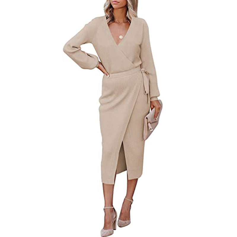 YESFASHION Women Dresses Cross Border Elegant V-neck Knitted Dress