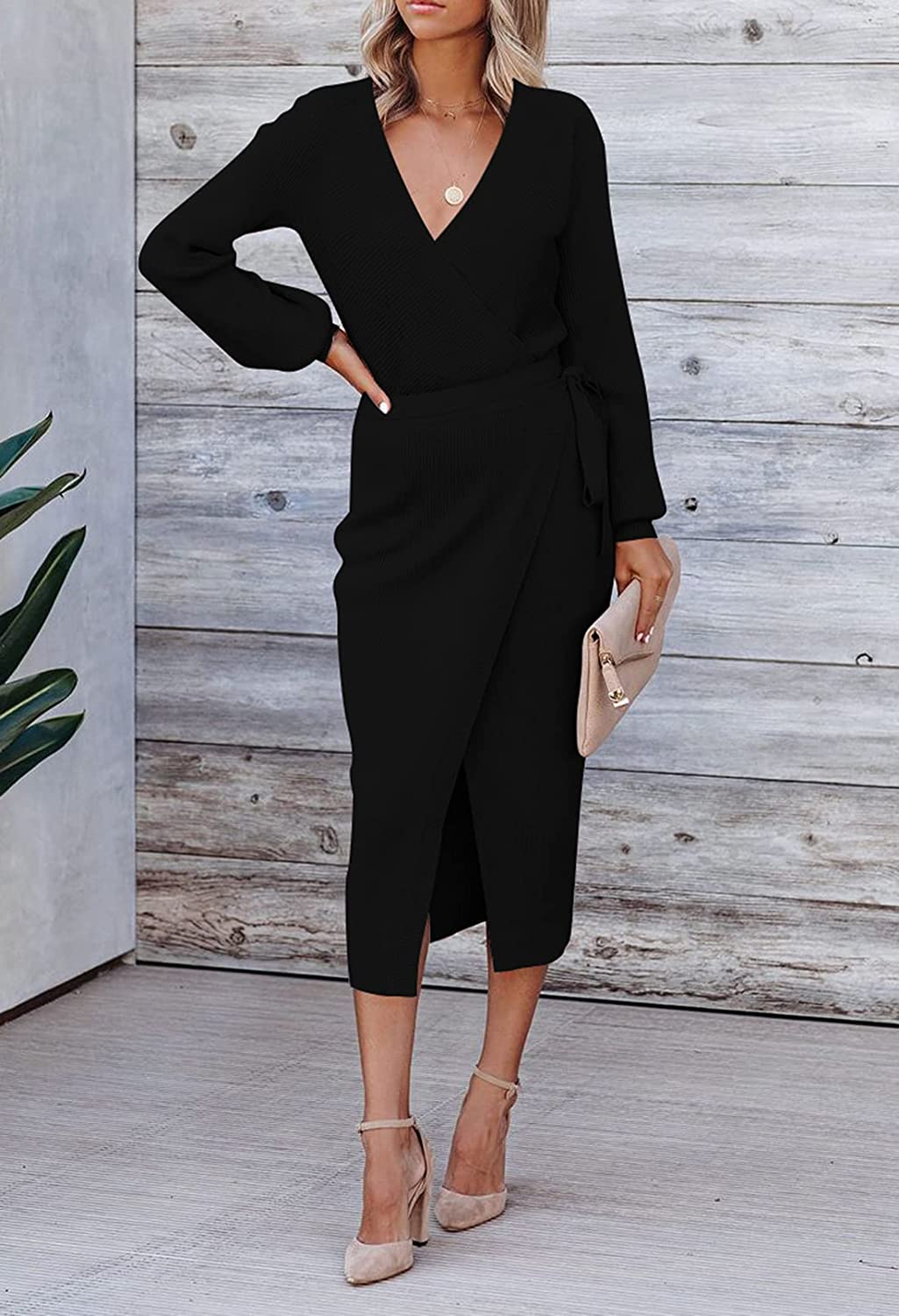 YESFASHION Women Dresses Cross Border Elegant V-neck Knitted Dress