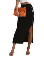 YESFASHION New Button Slit Temperament Pit Strip Ribbed Skirt