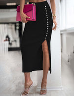 YESFASHION New Button Slit Temperament Pit Strip Ribbed Skirt