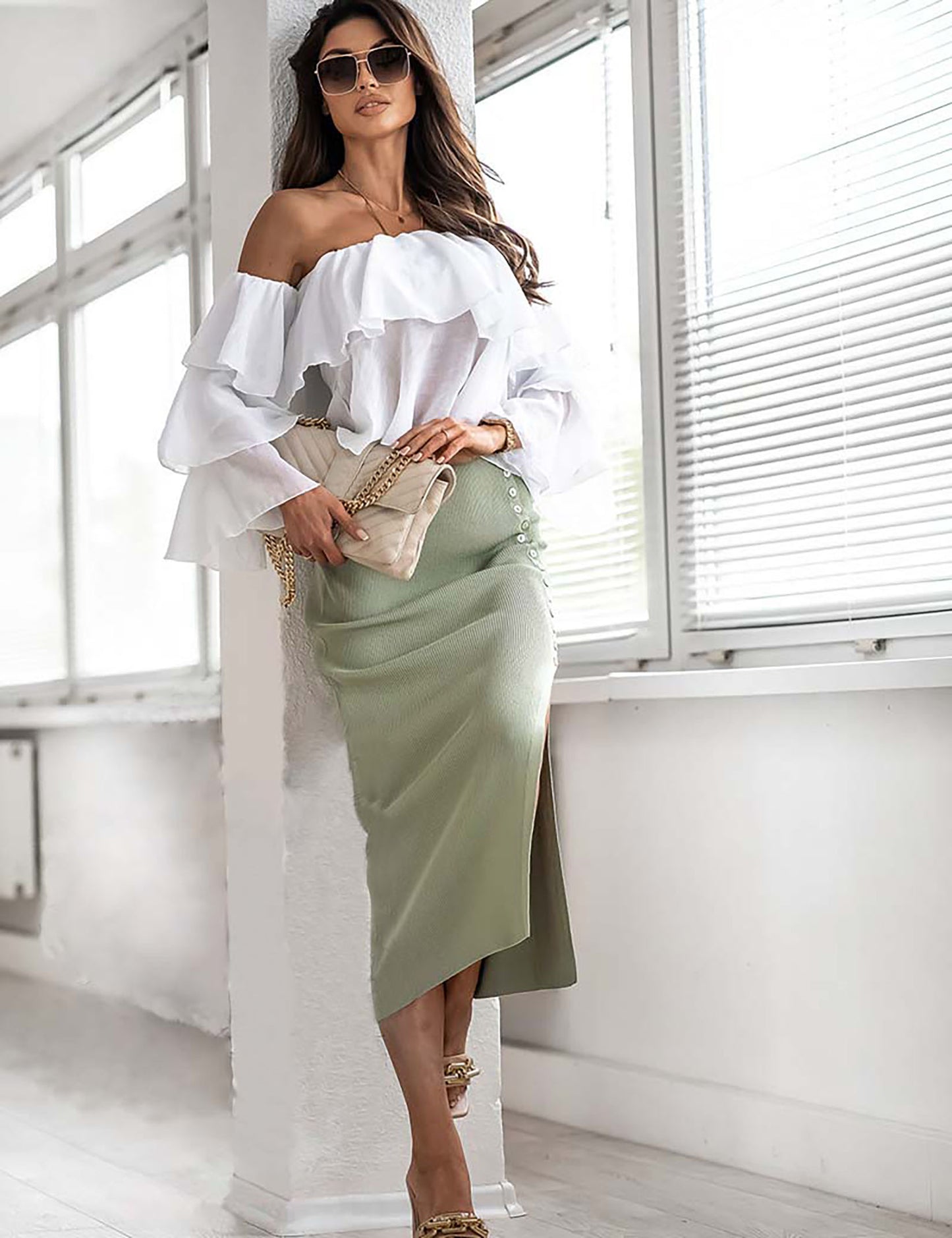 YESFASHION New Button Slit Temperament Pit Strip Ribbed Skirt