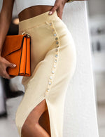 YESFASHION New Button Slit Temperament Pit Strip Ribbed Skirt