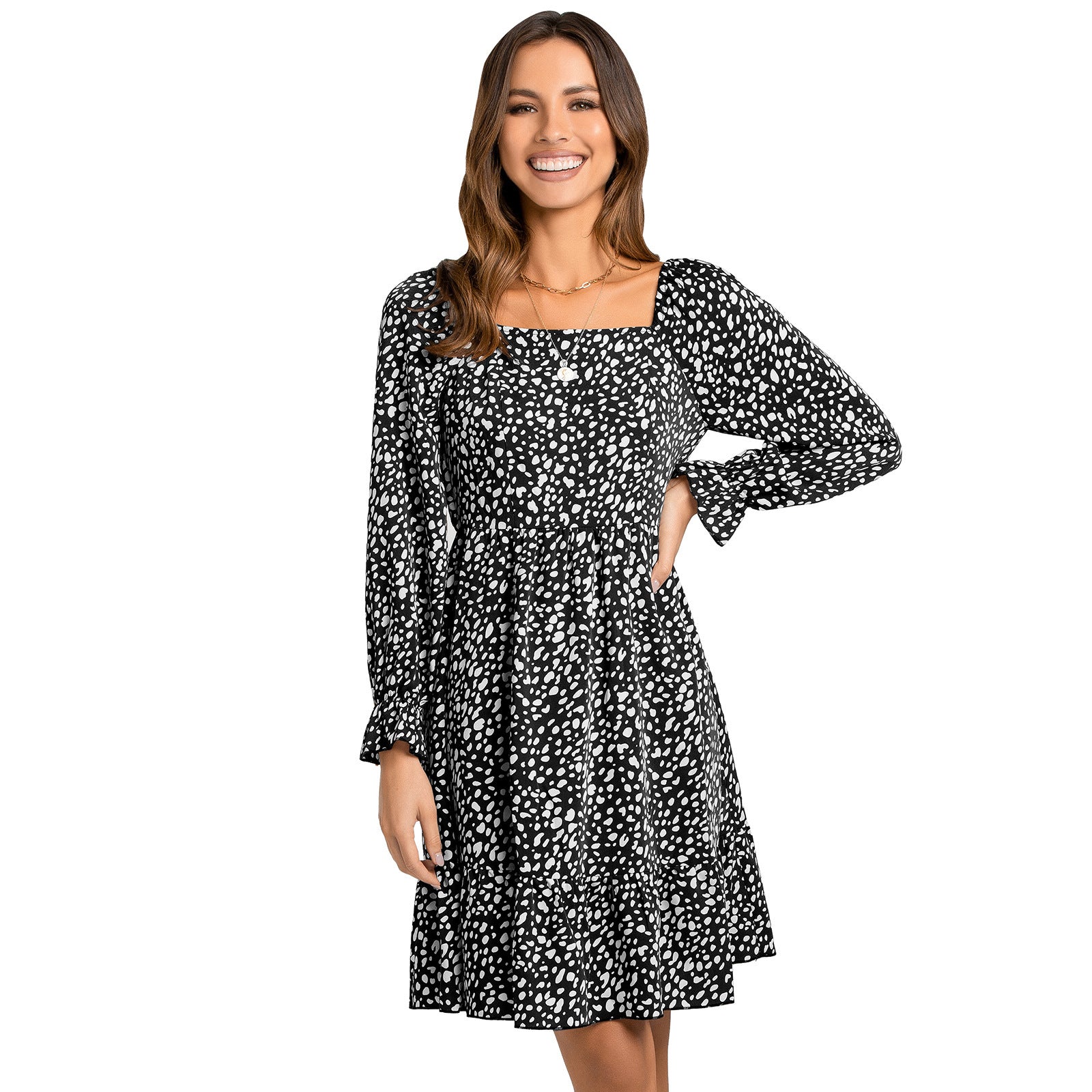 YESFASHION Women Clothing Square Neck Printed Waist Dress