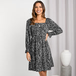 YESFASHION Women Clothing Square Neck Printed Waist Dress