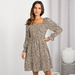 YESFASHION Women Clothing Square Neck Printed Waist Dress