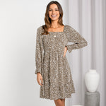 YESFASHION Women Clothing Square Neck Printed Waist Dress