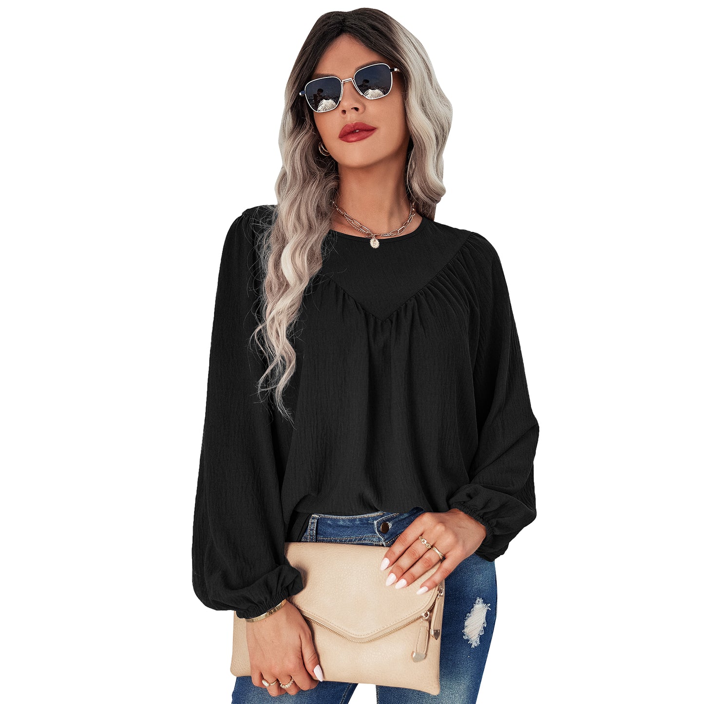 YESFASHION Women Clothing Solid Color Round Neck Pullover Shirt Tops