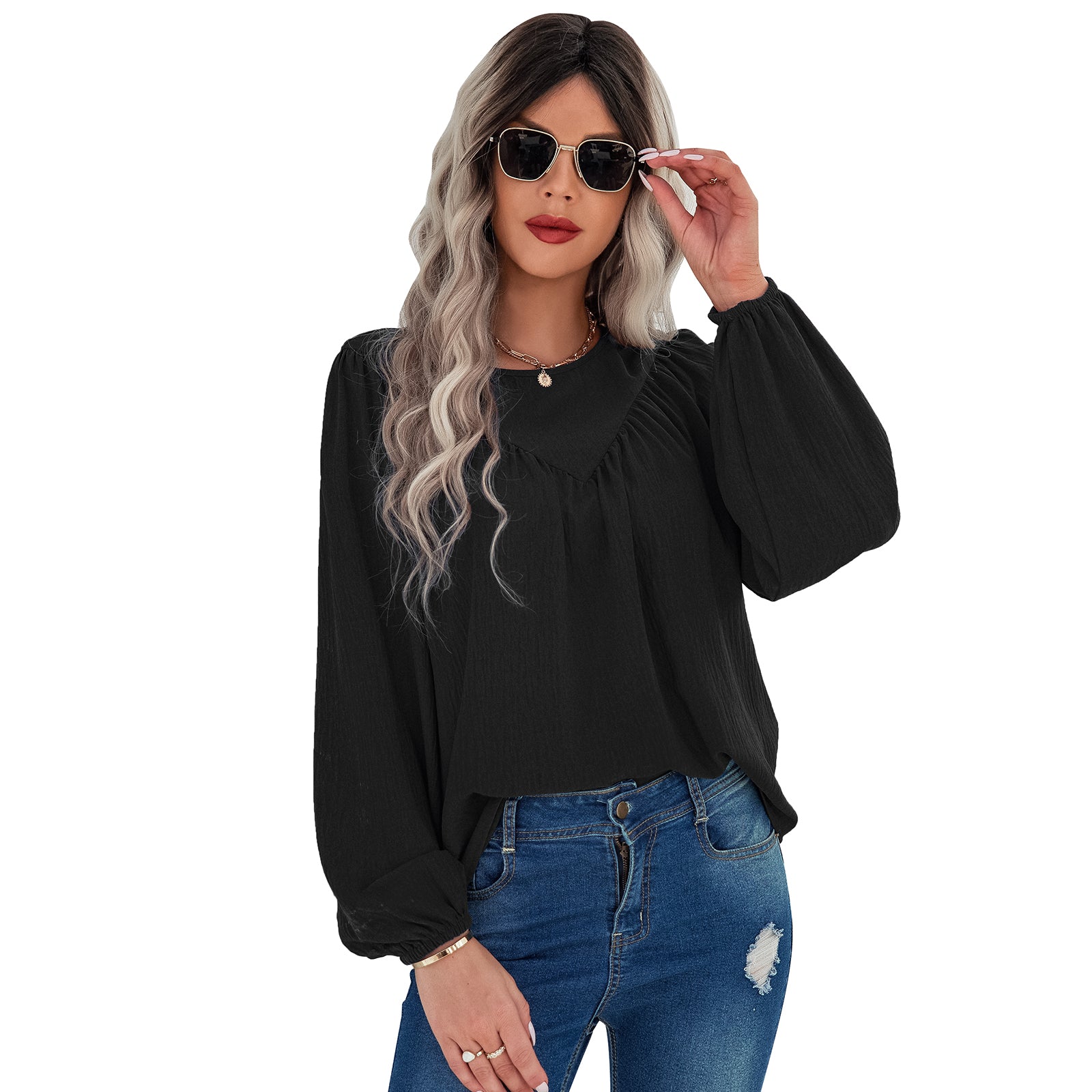 YESFASHION Women Clothing Solid Color Round Neck Pullover Shirt Tops