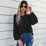 YESFASHION Women Clothing Solid Color Round Neck Pullover Shirt Tops