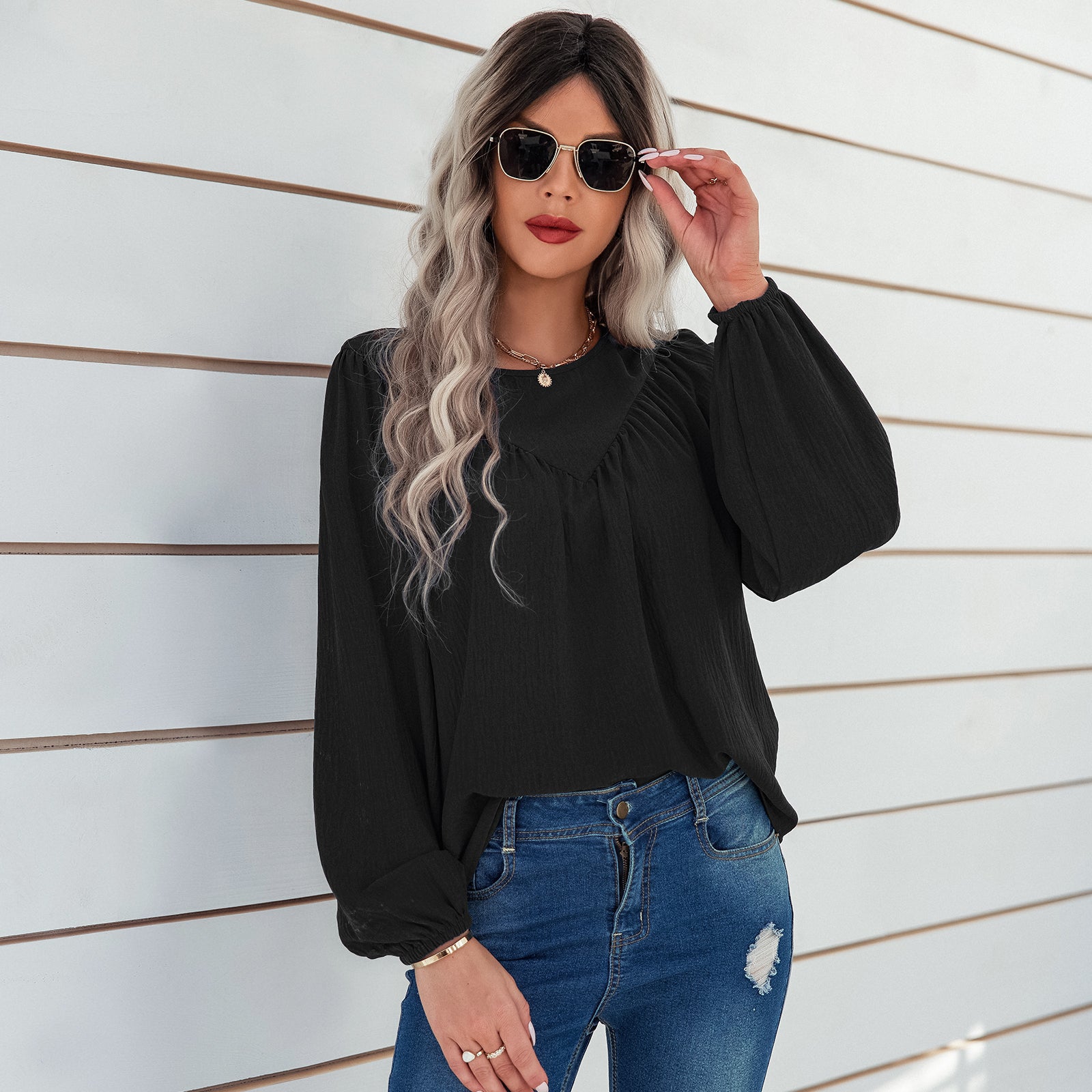 YESFASHION Women Clothing Solid Color Round Neck Pullover Shirt Tops