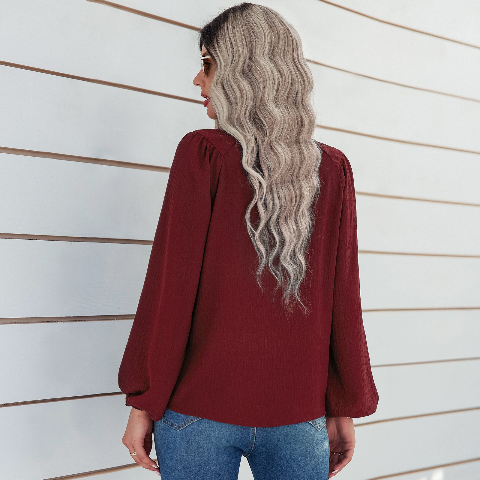 YESFASHION Women Clothing Solid Color Round Neck Pullover Shirt Tops
