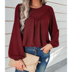 YESFASHION Women Clothing Solid Color Round Neck Pullover Shirt Tops