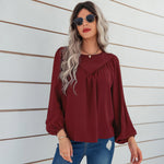 YESFASHION Women Clothing Solid Color Round Neck Pullover Shirt Tops