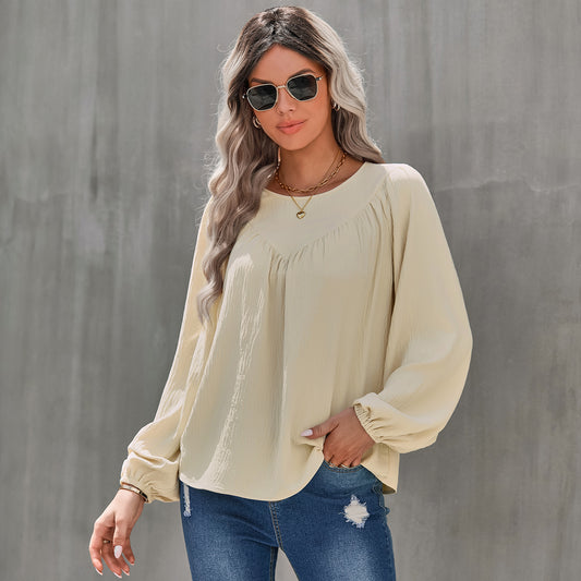 YESFASHION Women Clothing Solid Color Round Neck Pullover Shirt Tops