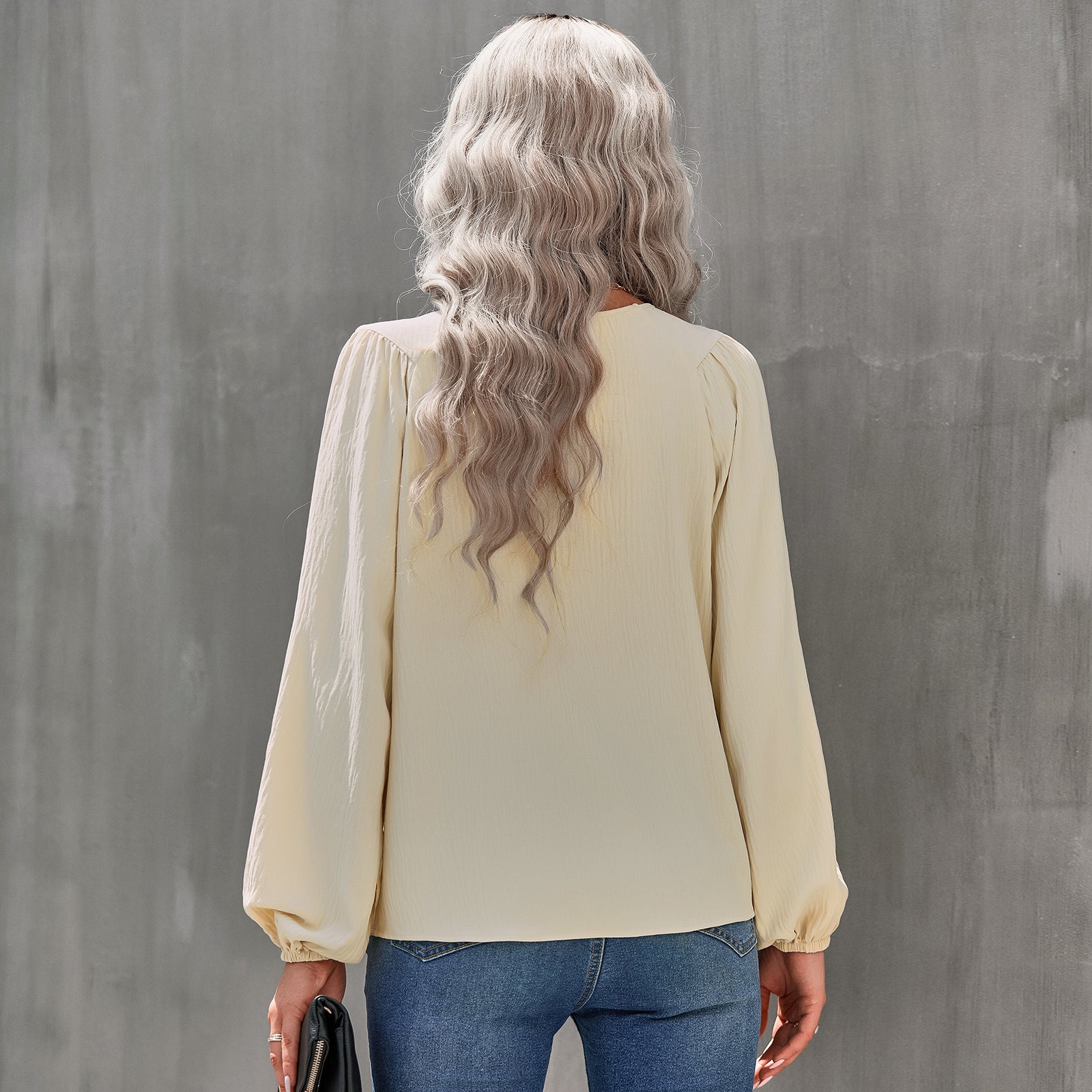 YESFASHION Women Clothing Solid Color Round Neck Pullover Shirt Tops