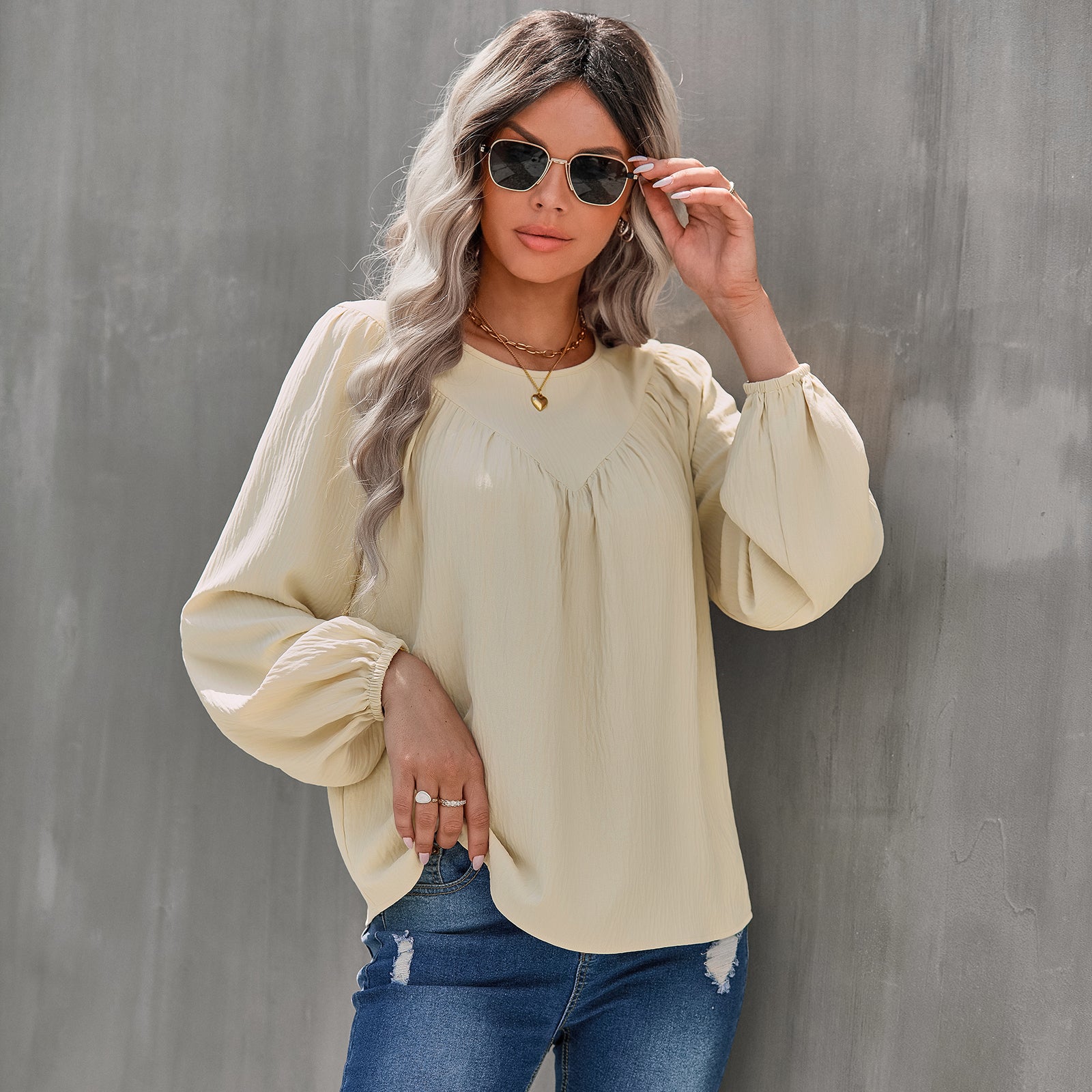 YESFASHION Women Clothing Solid Color Round Neck Pullover Shirt Tops