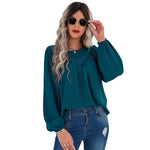 YESFASHION Women Clothing Solid Color Round Neck Pullover Shirt Tops